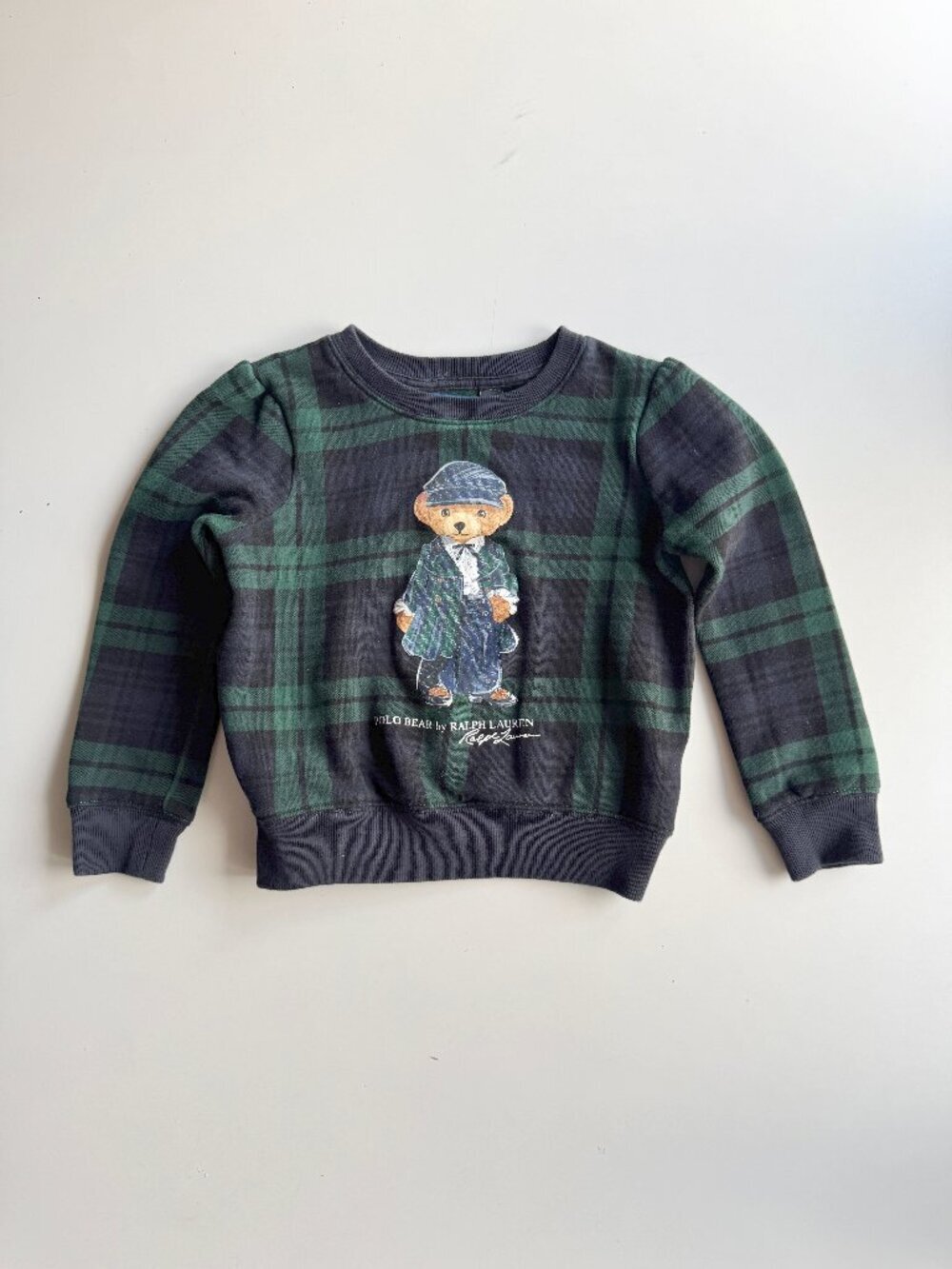 Girls' POLO RALPH LAUREN Navy Green Plaid Cotton Fleece Bear Sweatshirt, Size 6